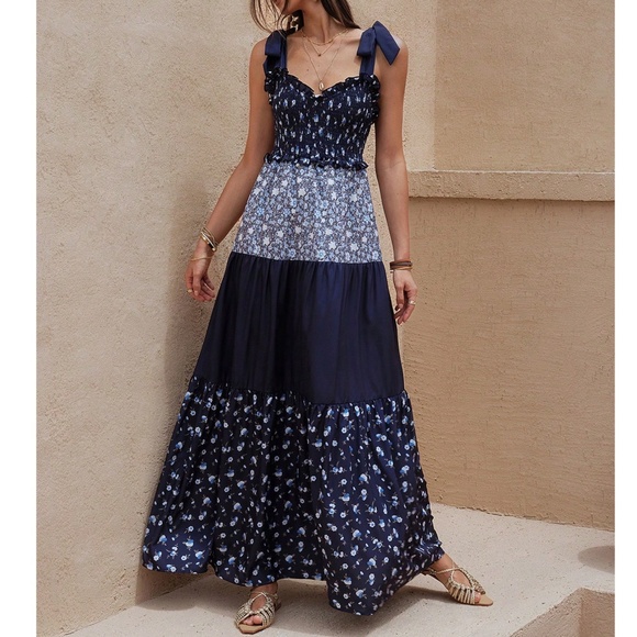 Boho Floral print Color Block Adjustable Straps maxi Dress - Picture 2 of 6